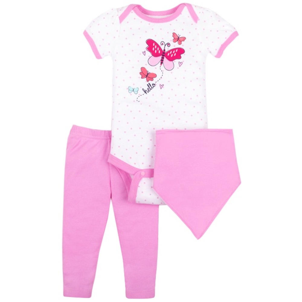 Little Star Baby Girl 3 Pc Short Sleeve Bodysuit, Pants, & Bandana Bib Set